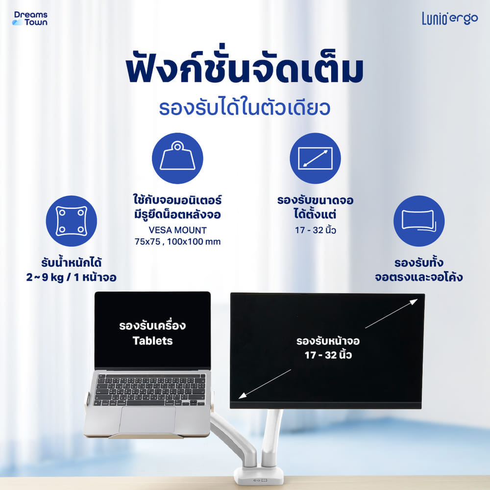 แขนจับจอ LUNIO ERGO MONITOR ARM CYBOT สีขาว 2 แขน หมุนได้360&deg;